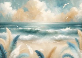 Tablou pe sticlă – Plajă pictată în culori delicate (70x50 cm)