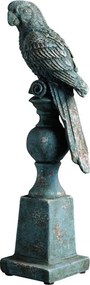 Statuie decorativa papagal pe suport din rășină, finisaj albastru antichizat, H37 cm
