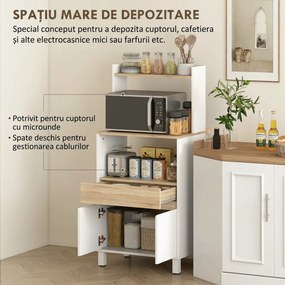 HOMCOM Dulap pentru Microunde din Lemn cu Raft, Blat Deschis, Sertar și Dulap, 60x40x131 cm, Alb | Aosom Romania