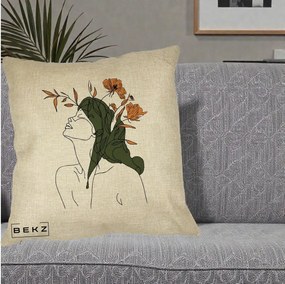 Perna Decorativa Portret Feminin Profil Flori Portocalii, 40x40 cm, Crem, Husa Detasabila, Perna Inclusa, BEKZ®