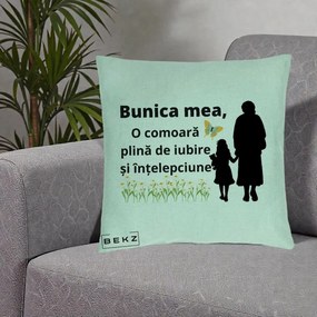 Cadou pentru Bunica - Perna Personalizata Bunica Mea Comoara Iubire Intelepciune Varianta Extinsa, 40x40 cm, Verde Menta, Husa Detasabila, Perna Inclusa, BEKZ®