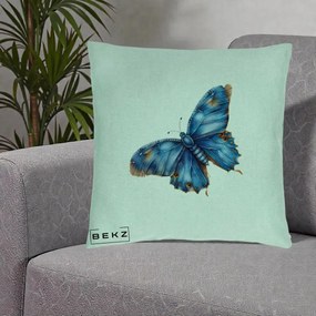 Perna Decorativa Fluture Albastru Satin cu Pete Aurii, 40x40 cm, Verde Menta, Husa Detasabila, Perna Inclusa, BEKZ®