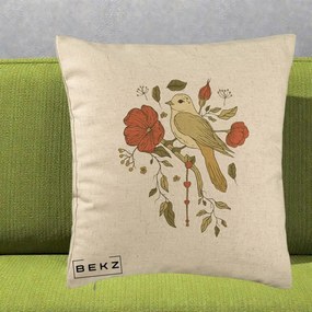 Perna Decorativa Pasare pe Ramura cu Maci, 40x40 cm, Bej, Husa Detasabila, Perna Inclusa, BEKZ®