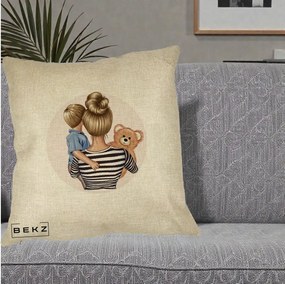 Cadou pentru Mama - Perna Personalizata Mama si Baietelul cu Ursulet, 40x40 cm, Crem, Husa Detasabila, Perna Inclusa, BEKZ®