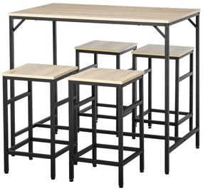 HOMCOM Set Masă de Bar Industrial + 4 taburete cu suport pentru picioare din lemn culoare Stejar Deschis Cadrul negru metalic | Aosom Romania