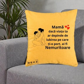 Cadou pentru Mama - Perna Personalizata Mama Nemuritoare Kawaii, 40x40 cm, Galben, Husa Detasabila, Perna Inclusa, BEKZ®