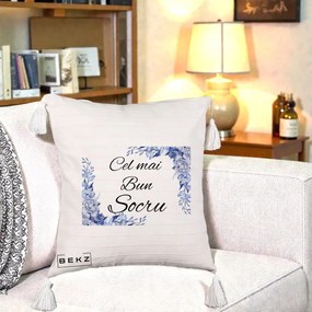 Cadou pentru Socru - Perna Personalizata Cel mai Bun Socru cu Flori Albastre Acuarela, 40x40 cm, Bej cu Franjuri, Husa Detasabila, Perna Inclusa, BEKZ®