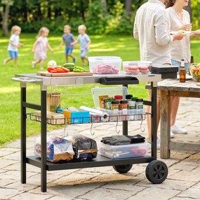 Outsunny Cărucior de grădină cu 3 niveluri, blat din inox, roți, cârlige, coș detașabil, mâner lateral, 114x61x81 cm, negru | Aosom Romania