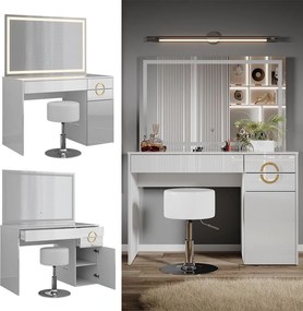 Masuta machiaj cu Oglinda LED si 3 Sertare pentru Cosmetice, Set Masa toaleta 115 cm, Alb Lucios, masuta cosmetica, vanity - SEA442