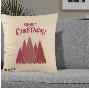 Perna Decorativa Merry Christmas Brazi Roz, 40x40 cm, Bej, Husa Detasabila, Perna Inclusa, BEKZ®