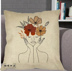 Perna Decorativa Portret Feminin Coroana Trei Flori, 40x40 cm, Crem, Husa Detasabila, Perna Inclusa, BEKZ®