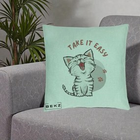 Perna Personalizata Take It Easy Cat, 40x40 cm, Verde Menta, Husa Detasabila, Perna Inclusa, BEKZ®