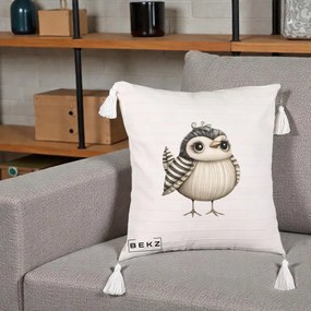 Perna Decorativa Pui Elegant Alb-Negru, 40x40 cm, Bej cu Franjuri, Husa Detasabila, Perna Inclusa, BEKZ®