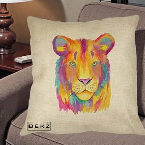Perna Decorativa Leu Acuarela Curcubeu, 40x40 cm, Crem, Husa Detasabila, Perna Inclusa, BEKZ®