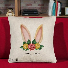 Perna Decorativa Iepuras Flori Urechi Pastelui, 40x40 cm, Bej Canapea, Husa Detasabila, Perna Inclusa, BEKZ®
