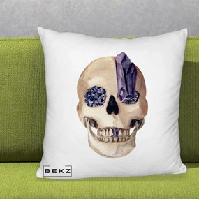Perna Decorativa Craniu cu Cristale de Ametist, 40x40 cm, Alb Pufos, Husa Detasabila, Perna Inclusa, BEKZ®