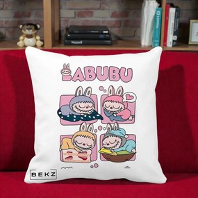 Perna Personalizata Labubu Sleeping Quad Grid, 40x40 cm, Alba Mata, Husa Detasabila, Perna Inclusa, BEKZ®