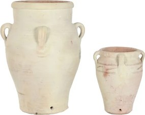 Set 2 amfore decorative din teracotă artizanală, finisaj craft alb-crem, 4 anse, 53×53×72 cm, „Jerba"