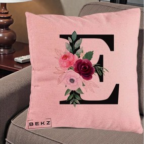 Cadou Personalizat - Perna Personalizata Monograma Florala Litera E, 40x40 cm, Roz, Husa Detasabila, Perna Inclusa, BEKZ®