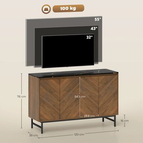 HOMCOM Mobilier TV, mobilier pentru televizor cu 4 uși, blat cu efect marmorat, rafturi reglabile, 120x39x76cm, nuc | Aosom Romania
