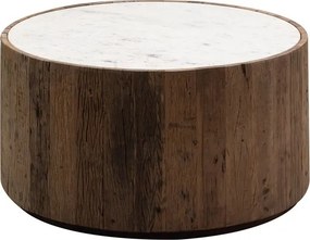Măsuță de cafea rotundă din marmură și lemn reciclat, alb și natur, cu bază cilindrică din scânduri verticale, finisaj mat, 41 x 80 cm, „Savana”