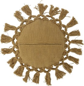 Pernă rotundă din bumbac galben muștar cu fetiță brodată și ciucuri, 35 cm, „Elinna"