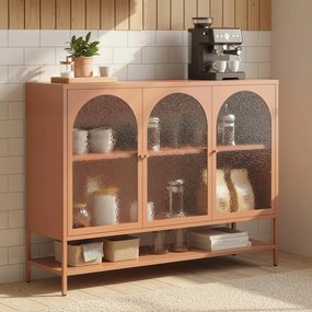 HOMCOM Bufet pentru living, mobilier de depozitare cu 3 uși vitrate arcuite și raft deschis, 140 x 40 x 105 cm, ruginiu | Aosom Romania