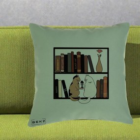 Perna Personalizata Pisici si Carti pe Raft, 40x40 cm, Verde, Husa Detasabila, Perna Inclusa, BEKZ®