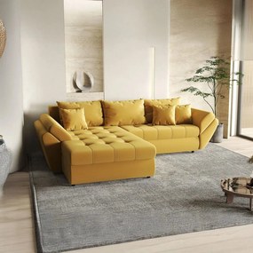 Colțar extensibil dumonde cu ladă de depozitare si sezut confortabil din spuma high-density, Loana Royal Muștar 270x185 cm