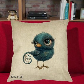 Perna Decorativa Pasare Teal cu Motive Aurii si Coada Spiralata, 40x40 cm, Crem, Husa Detasabila, Perna Inclusa, BEKZ®