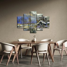 Tablou -Cabane într-un peisaj de iarnă, pictură în ulei (150x105 cm)