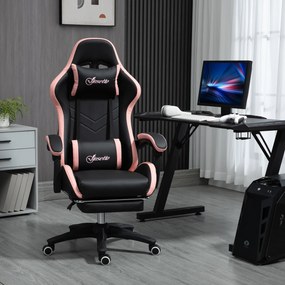 Scaun de Gaming Premium, Piele Ecologică PU, Oțel, Înălțime Ajustabilă, Spătar Inclinabil, 65x65x121-129 cm, Roz și Negru | Aosom Romania