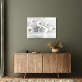 Tablou pe sticlă abstract cu flori albe (70x50 cm)