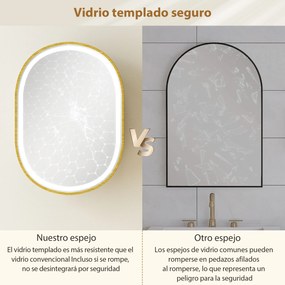 HOMCOM Dulap de Baie cu Oglindă și Lumini LED de 3 Culori Dulap de Perete Oval cu Funcție Memorie și Antiaburire Auriu | Aosom Romania