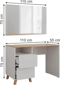 Masuta machiaj cu Oglinda LED si 2 Sertare pentru Cosmetice, Set Masa toaleta 110 cm, Alb, masuta cosmetica, vanity - SEA913