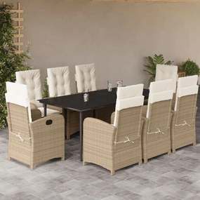 vidaXL Set de masă pentru grădină, 9 piese, cu perne, bej, poliratan