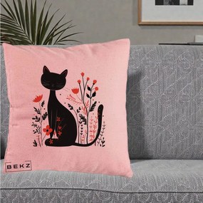Perna Decorativa Pisica Neagra Flori Rosii Folk Minimal, 40x40 cm, Roz, Husa Detasabila, Perna Inclusa, BEKZ®