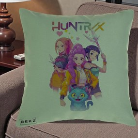 Perna Personalizata K-pop HUNTRX Trio Foto cu Pisica, 40x40 cm, Verde, Husa Detasabila, Perna Inclusa, BEKZ®