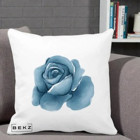 Perna Decorativa Trandafir Albastru Acuarela, 40x40 cm, Alba Mata, Husa Detasabila, Perna Inclusa, BEKZ®