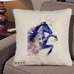 Perna Decorativa Cal Albastru Acuarela, 40x40 cm, Bej Canapea, Husa Detasabila, Perna Inclusa, BEKZ®