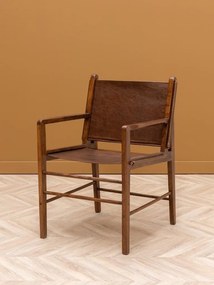 Scaun de dining din piele maro, cu structură din lemn de acacia, finisaj natural lucios, 90×60×66 cm, „Arius"