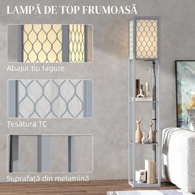 HOMCOM Lampadar Podea 2 în 1, 3 Rafturi, Economisire Spațiu, Soclu E27, 26x26x160 cm, Gri Deschis | Aosom Romania