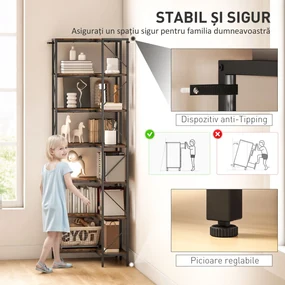 HOMCOM Bibliotecă de colț industrială cu 7 niveluri din pal melaminat și oțel, maro | Aosom Romania