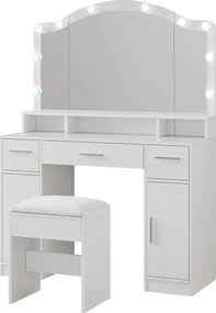 Masuta machiaj cu Oglinda LED si 3 Sertare pentru Cosmetice, Set Masa toaleta 110 cm, Alb, masuta cosmetica, vanity - SEA809