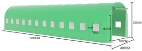 Solar de grădină, 4x12 m, 48 m², cadru din oțel, țeavă galvanizată, folie PE armată, 24 ferestre rulante, rezistent la UV, impermeabil, Verde, GH412,