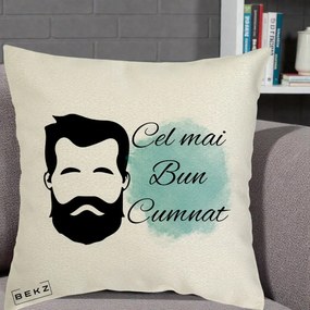 Cadou pentru Cumnat - Perna Personalizata Cel mai Bun Cumnat cu Portret Barbat si Pete Teal, 40x40 cm, Ecru, Husa Detasabila, Perna Inclusa, BEKZ®