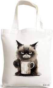 Sacosa de Panza pentru Cumparaturi, Geanta Tote, model Lazy Cat, 38x34.5 cm, Alba, BEKZ®
