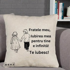 Cadou pentru Frate - Perna Personalizata Fratele Meu Te Iubesc Copii Tinand Maini Varianta 2, 40x40 cm, Bej Canapea, Husa Detasabila, Perna Inclusa, BEKZ®
