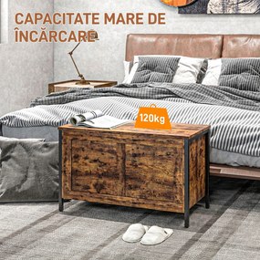 HOMCOM Bancă de Depozitare de 95L în Stil Industrial cu Capac cu Balamale de Siguranță, 80x40x49 cm, Maro Rustic | Aosom Romania