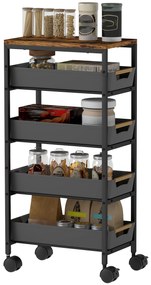 HOMCOM Carucior de Bucătărie de 5 Nivele Carucior Auxiliar cu Roți Tablou Efect Lemn Sertare Extrase 39,5x24x82 cm Negru | Aosom Romania